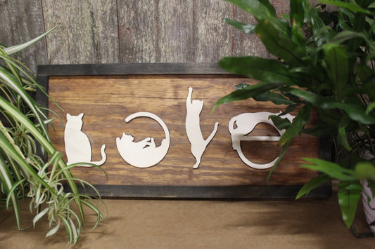 Love Spelled with Kittens Cats Cat Silhouette Pet Rustic Primitive Cat Lover Gift Wood Sign 3D Raised Image White Brown Frame Decoration