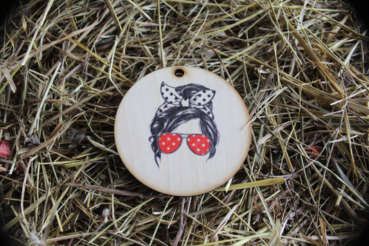 Cool Mom Sunglasses Hairtie Headband Polkadots Messy Bun Mom Life Christmas Gift Tag Holiday Woodslice Red Friend Gift