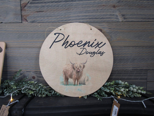 Custom Baby Birth Nursery Announcement Childs Name Room Highland Cow Wood Print Plaque Wall Decor Photography Keepsake Personalized Newborn