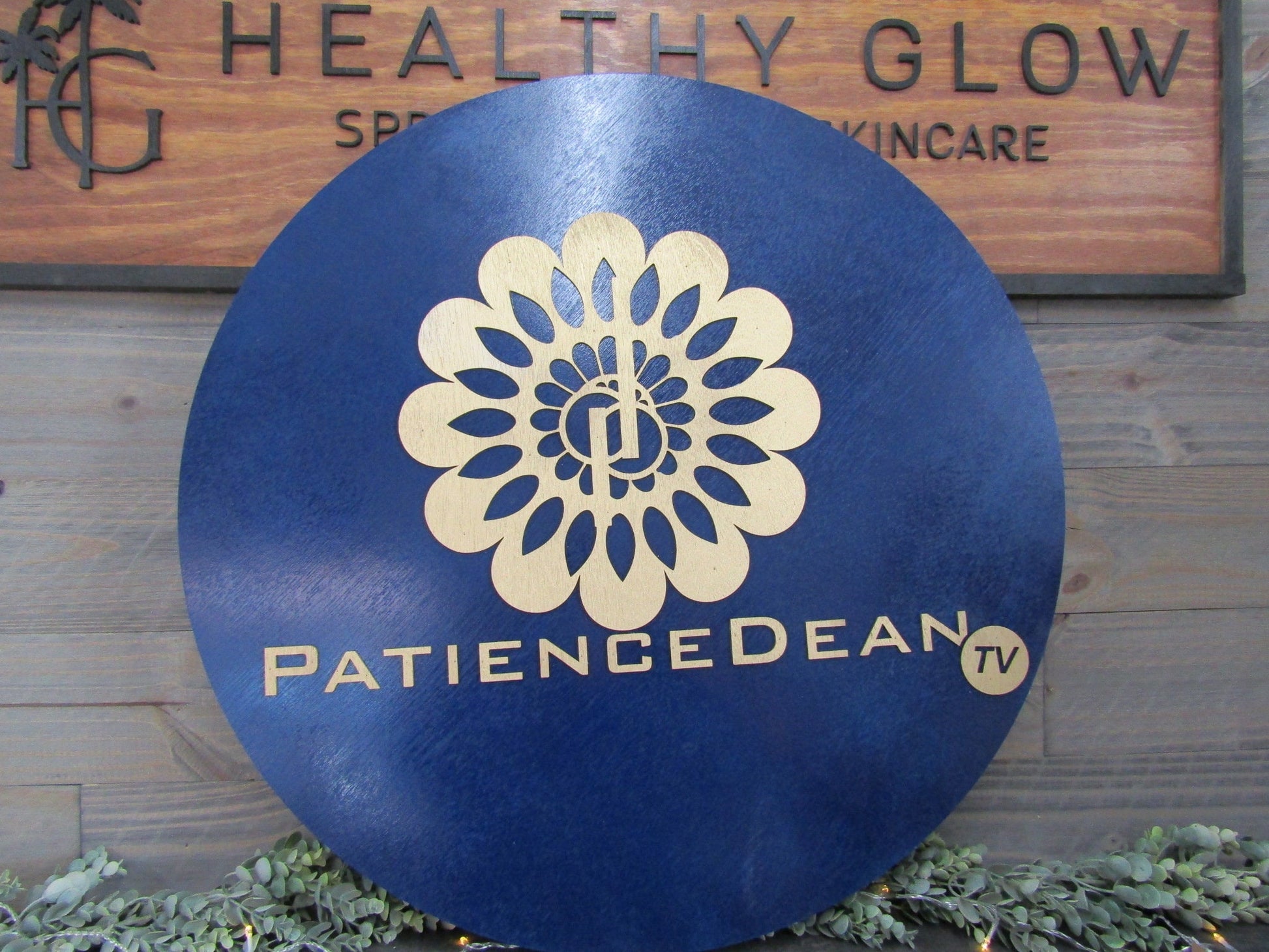 Custom Sign Round Business Commerical Signage Mandala Flower Made to Order Tv Store Front Small Shop Logo Blue Gold Circle Wooden Handmade