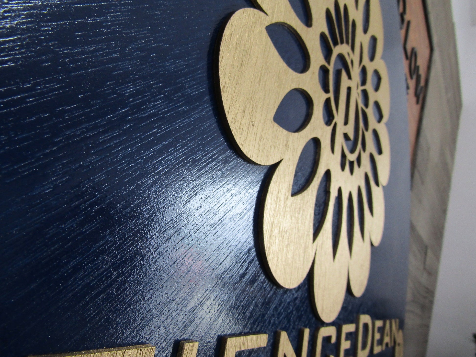 Custom Sign Round Business Commerical Signage Mandala Flower Made to Order Tv Store Front Small Shop Logo Blue Gold Circle Wooden Handmade