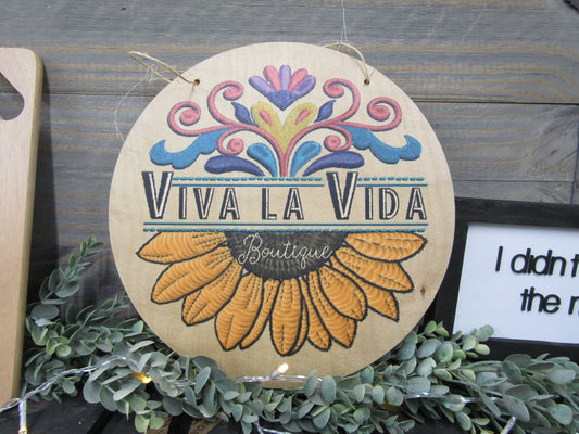 Small Business Sign Logo Your Actual Logo Round Viva La Vida Design Custom Circle Personalized Floral Sunflower Wall Art Color Wood Print