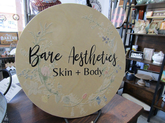 Custom Bare Aesthetics Skin and Body Round Floral Lightweight Business Small Shop Printed Wood Your Logo Circle Booth Vendor Table Wall Sign