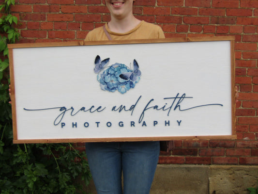 Custom Logo Photography Business Image Printed Raised Lettering Grace and Faith Butterflies Beauty Wooden Handmade Decor Photographer Sign