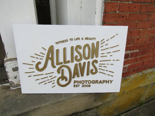 Custom Photography Sign Witness to Life & Beauty Logo Image Raised Letters 3D Gold and White Handmade Wooden Business Signage Wood