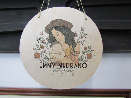 Custom Wooden Sign Photography Printed Logo Image Commerical Signage Business Round Lightweight Door Hanger Photographer Floral Company Name