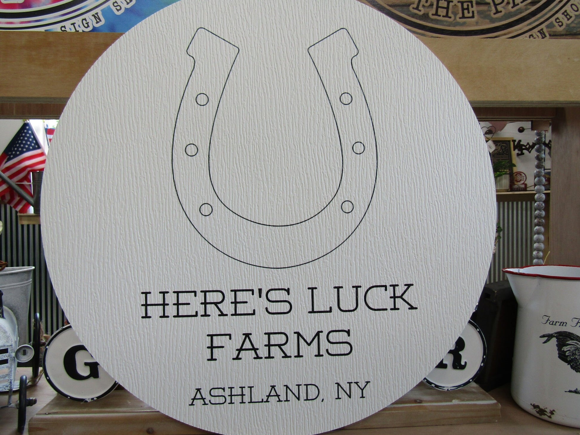 Custom Weatherproof PVC Sign Horseshoe Luck Farms Textured Personalized Circle Round Ready for your Business Logo Wall Hanging Or Mounted