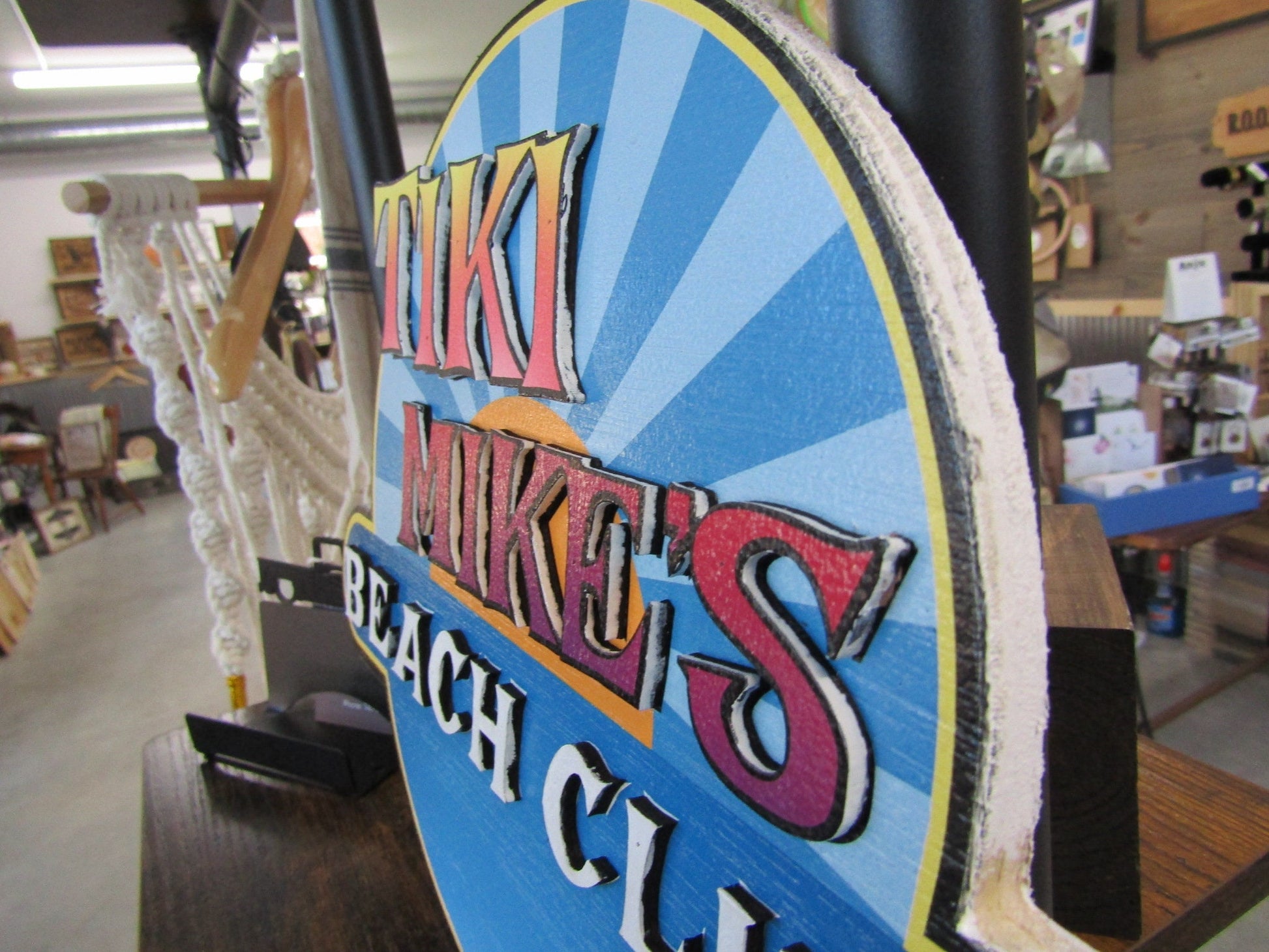 Custom Sign Contoured Business Commerical Signage Beach Club Bar and Grille Made to Order Tiki Tropical Logo Wooden Handmade Sunny Rays