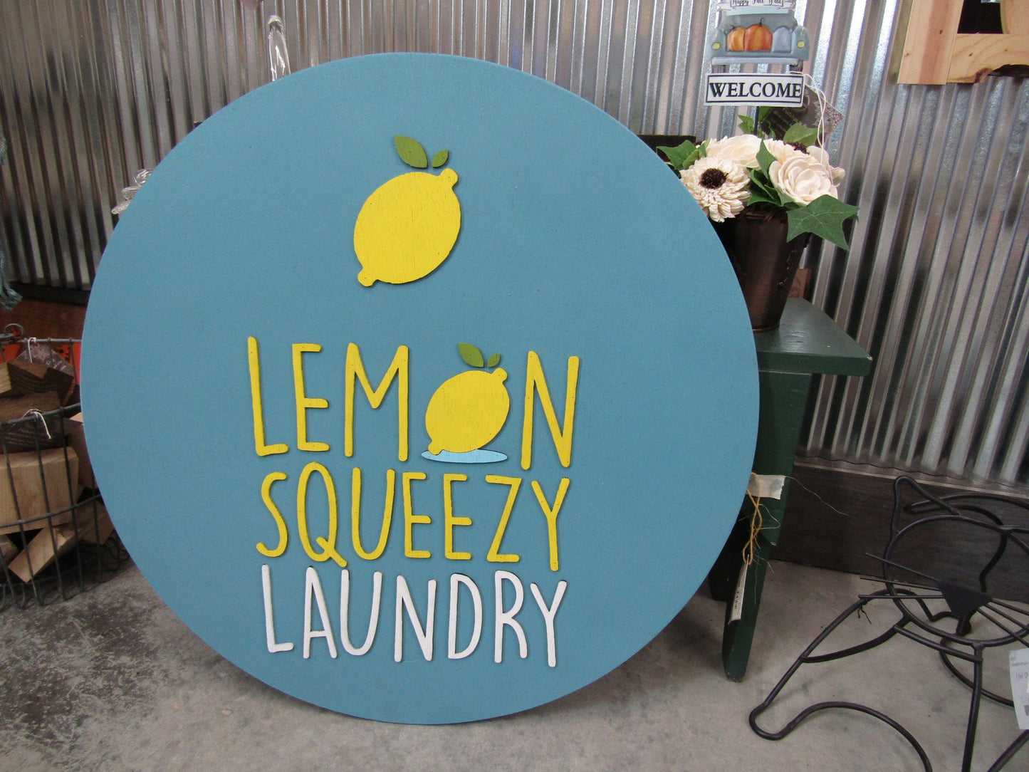 Lemon Sign Laundry Lemonade Squeezy Blue Yellow Custom Commerical Signage Round Circle Sign 3D Raised Handmade Wooden Business Sign