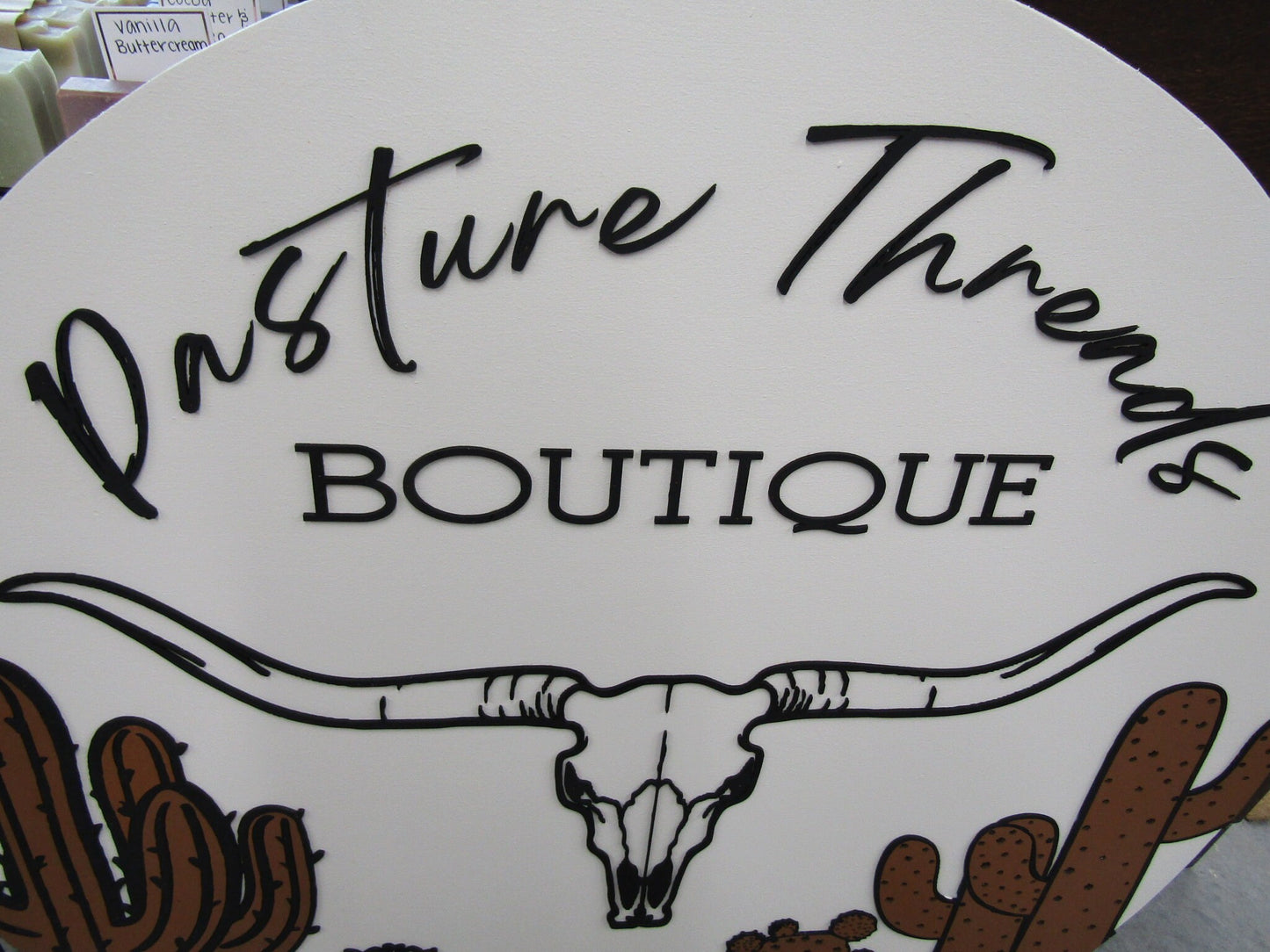Custom Boutique Logo Sign Commerical Signage Longhorn Desert Steer Cactus Cacti Skull Rustic Look 3D Raised Elevated Round Circle Storefront