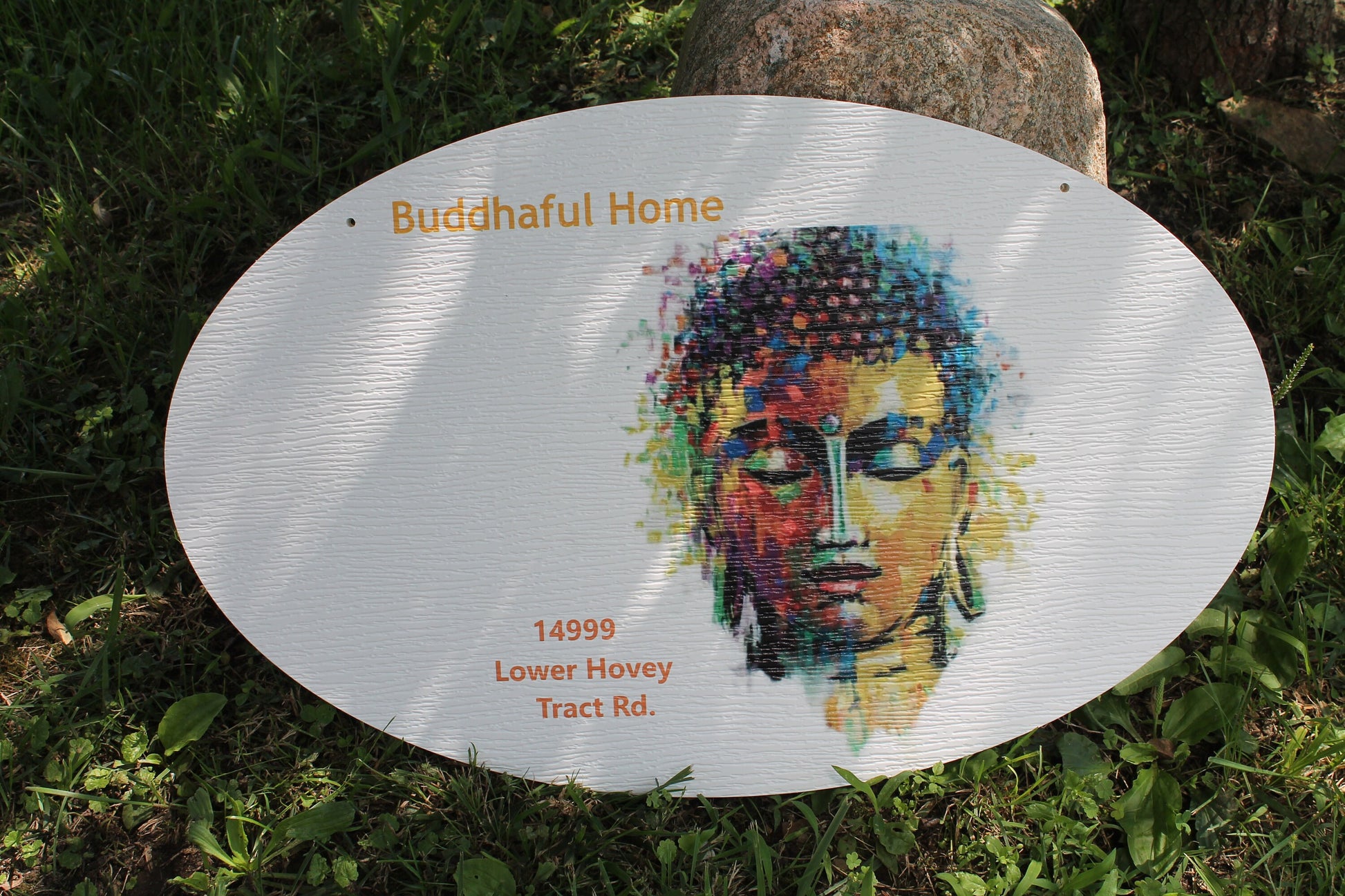 Custom Oval Sign PVC Smooth Weatherproof Water Proof Mold resistant UV ink Printed Buddha Address Commerical signage Outdoor Personalized