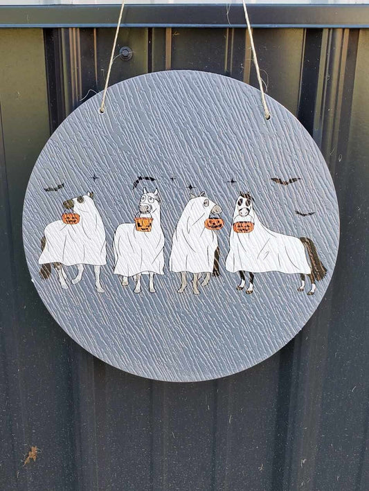 Halloween Ghosts Horses Farm Dress Up Trick or Treat PVC Weather Proof Ultraviolet Ink Doorhanger Outdoor Use Happy Mare Horse Lovers