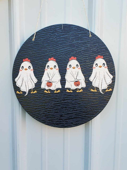 Chicks Hen Bucket Cute Halloween Ghosts Chicken Dress Up Trick or Treat PVC Weather Proof Printed Doorhanger Outdoor