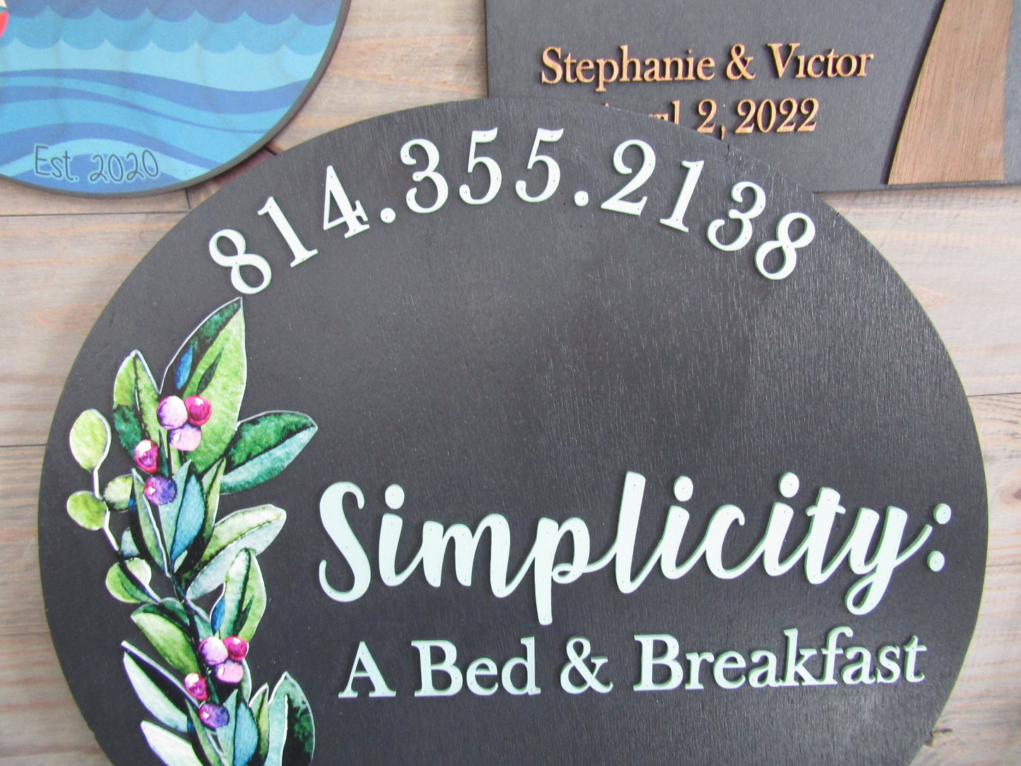 Floral Simplicity Bed and Breakfast Custom Sign Round Business Commerical Signage Made to Order Logo Circle Wooden Handmade