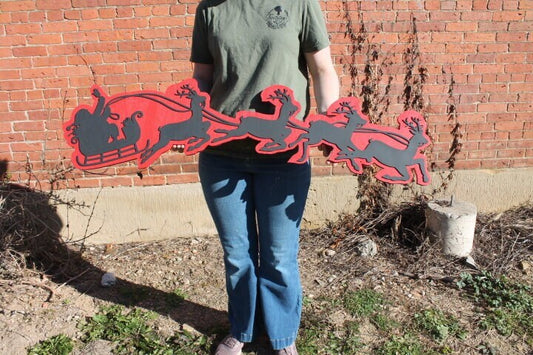 Santas Sleigh Reindeer Christmas Wooden Contour Cutout Winter St Nick Kris Kringle Flying Handmade Home Decor 3D Raised