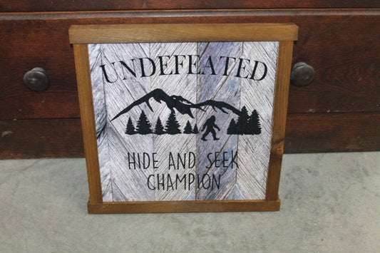 Bigfoot Wood Sign Hide and Seek Champion Sasquatch Undefeated Big Foot Rustic Wooden Sign Wall Decor Art Plaque Wood Print Farmhouse