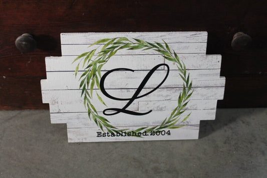 Wreath Pallet Monogram Wood grain Established Gift Wedding Anniversary Letter Last Name rustic White Wood Printed Personalized Wall Art