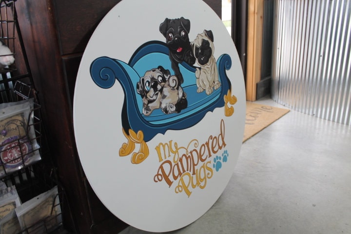 Groomer Pamper Pugs Personalized Waterproof Sign Smooth Round Circle Outdoor Ready for your Business Logo Great for hanging or wall mounted