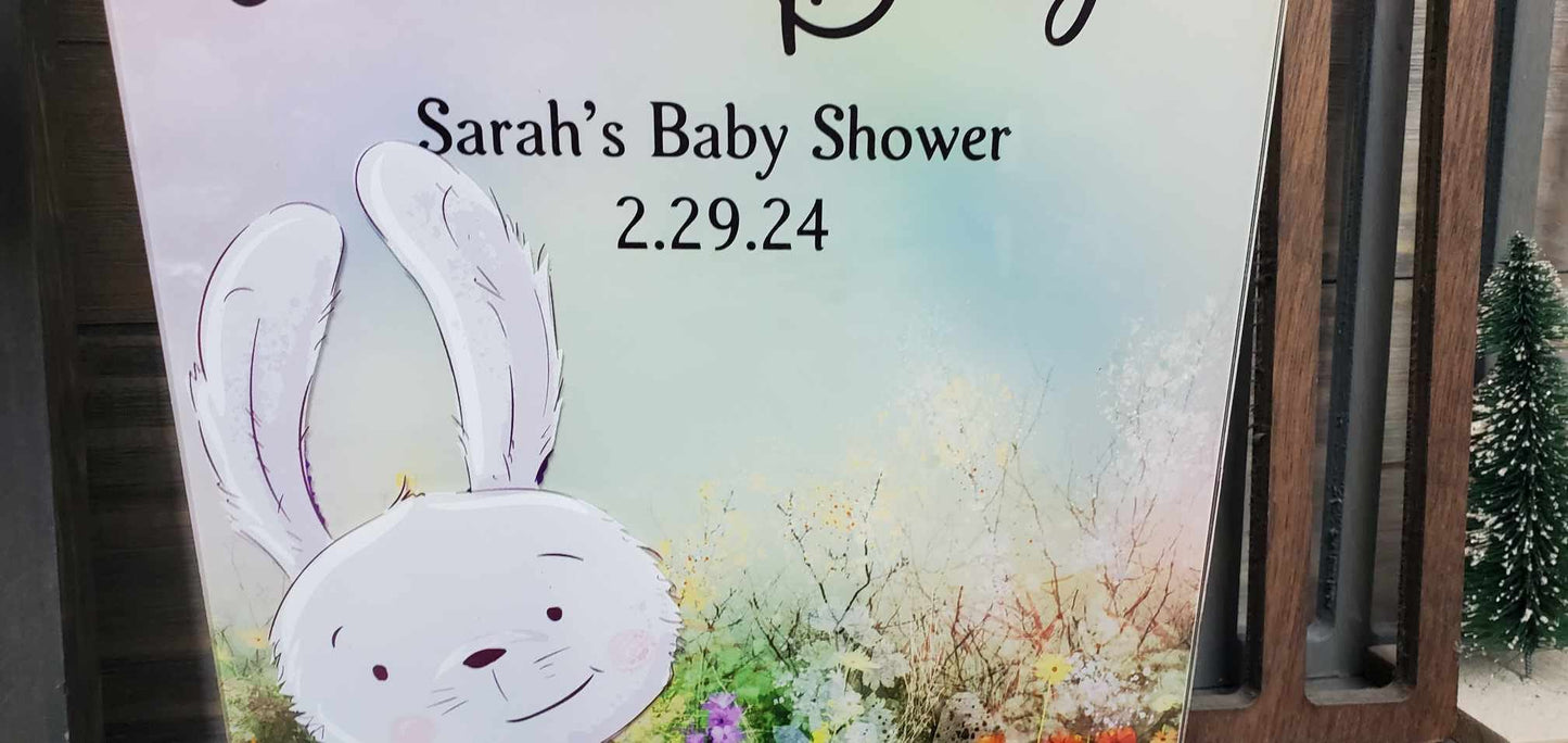 Custom Baby Shower Acrylic Announcement Bunny Rabbit Name Date Party Decor Printed Rectangle Personalized Nursery Sign Bedroom Art Keepsake