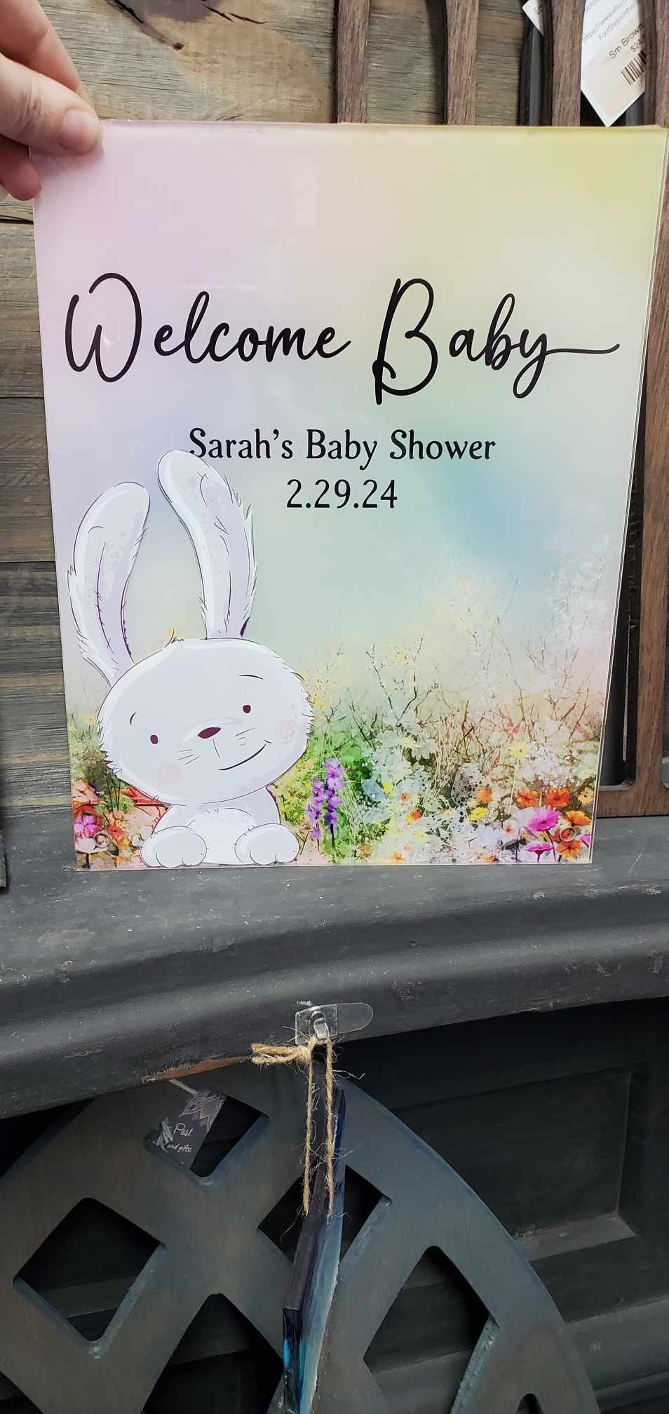 Custom Baby Shower Acrylic Announcement Bunny Rabbit Name Date Party Decor Printed Rectangle Personalized Nursery Sign Bedroom Art Keepsake