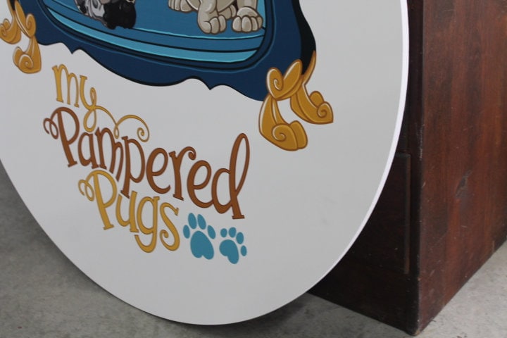 Groomer Pamper Pugs Personalized Waterproof Sign Smooth Round Circle Outdoor Ready for your Business Logo Great for hanging or wall mounted