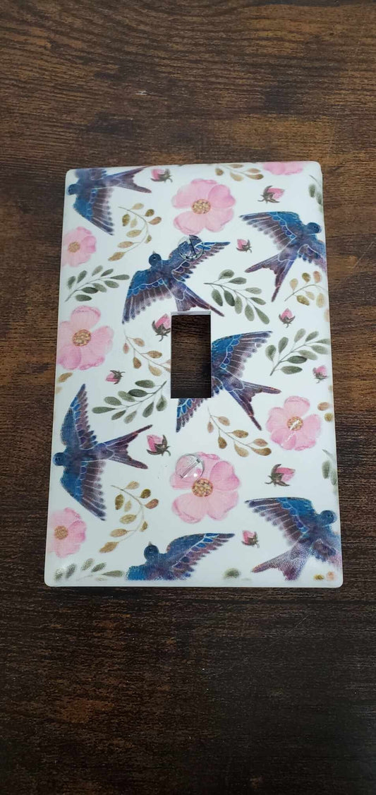 Blue Bird Swallow Floral Flowers Spring Printed in Color Light Switch Cover Plate Durable Baby Room Kids Room