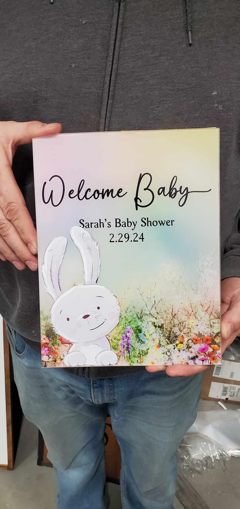 Custom Baby Shower Acrylic Announcement Bunny Rabbit Name Date Party Decor Printed Rectangle Personalized Nursery Sign Bedroom Art Keepsake