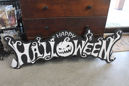 Halloween White and Black Jack O Lantern Ghost Sheet Boo Owl Wooden Decor Fall Autumn Decoration Sign Haunted Grave Yard Theme