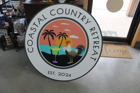 Custom Sign Rooster Drinks Retreat Round Coastal Country Business Commerical Signage Store Front Small Shop Logo Circle Wooden Handmade