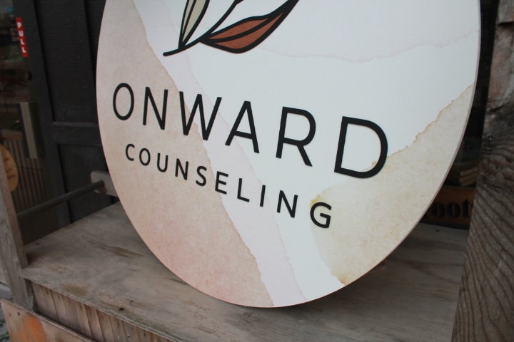 Custom Sign Counseling Leaf Onward Watercolor Print and Raised Round Business Commerical Signage Made to Order Logo Circle Wooden Handmade