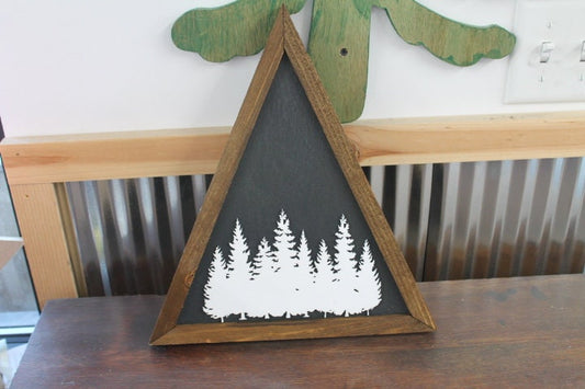 Pine Wilderness Woods Camping Hiking Black and White Triangle Framed 3D Handmade Art Decor Wooden Sign Raised Layered Sign