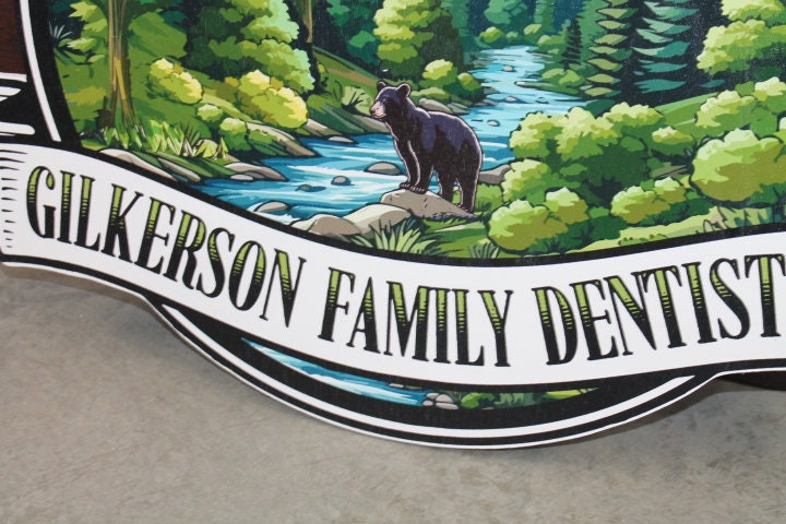 Sustainable Textured Dentist Woods Forest Bear Oval Contour Custom Made Sign Your Logo PVC All Weather Outdoor Fade Resistant Printed Color