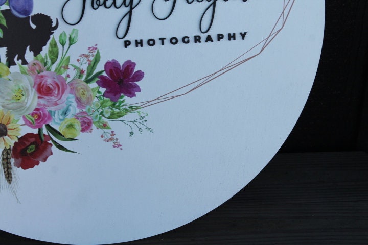 Floral Border Round Sign Photography Buffalo Ring Photographer Small Business Uv printed and Raised Letters Handmade 3D Factory Custom Made