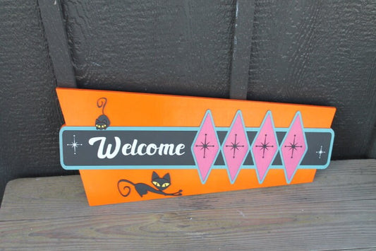 Welcome Retro Cat Vintage Groovy Cultural Decade Swinging Bright Fun Diamond 3D Raised Handmade Wood Sign Decor