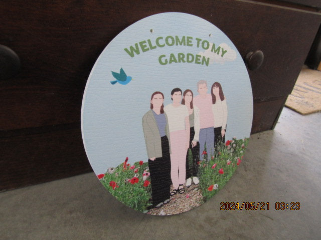 Custom Welcome Sign Garden Family Portrait Floral Waterproof PVC Textured Round Logo Print Weather Proof Sustainable Durable