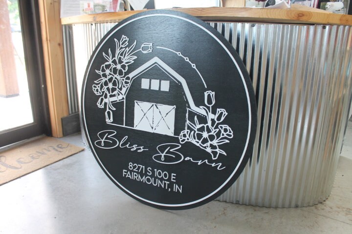 Custom Barn Bliss Venue Business Commerical Signage Laurel Outline Line Art Style Made to Order Small Shop Logo Circle Wooden Handmade