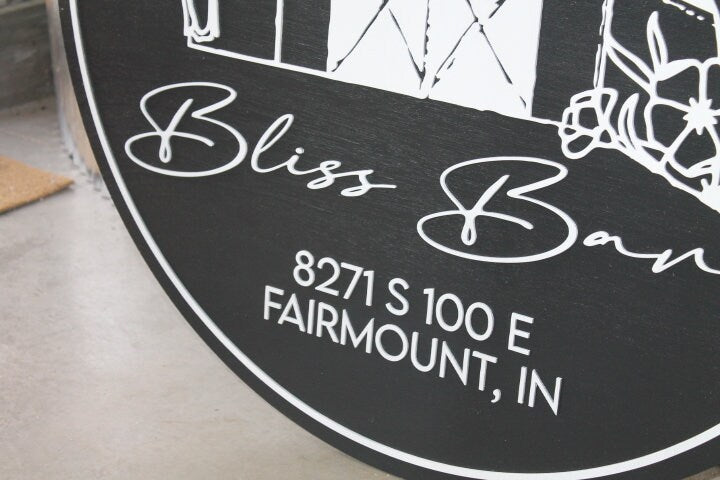 Custom Barn Bliss Venue Business Commerical Signage Laurel Outline Line Art Style Made to Order Small Shop Logo Circle Wooden Handmade