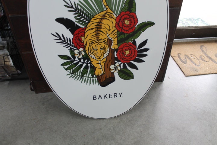 Tiger Vertical Rainforest Bakery Custom Oval Weatherproof Sign PVC plastic smooth Personalized Floral Great for hanging or wall mounted