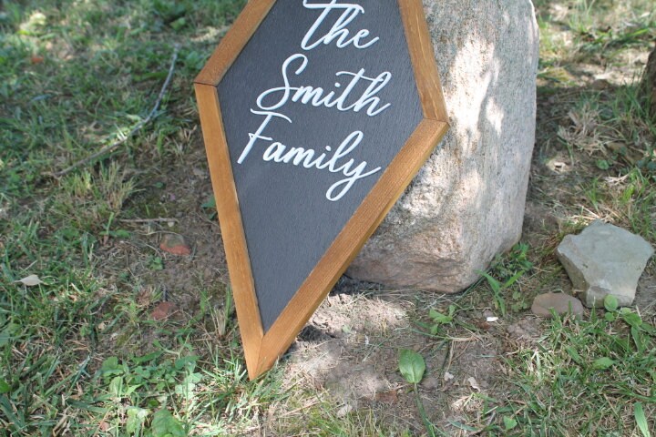 Family Diamond Sign Handmade 3D Raised cutout Framed Personalized Custom Signage Home Gift Wedding Gift Cursive Script