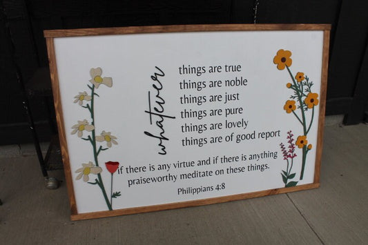 Whatever is True Philippians 4:8 Raised Floral Printed Image Uplifting Faith Bible Verse Spiritual Home Decor Handmade Library Remind Beauty