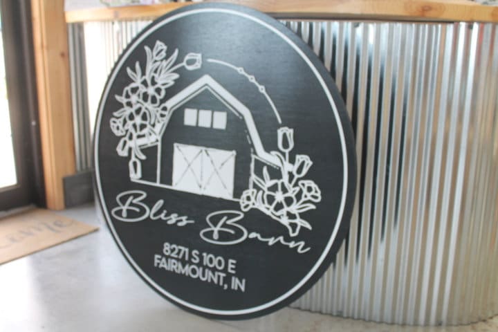 Custom Barn Bliss Venue Business Commerical Signage Laurel Outline Line Art Style Made to Order Small Shop Logo Circle Wooden Handmade