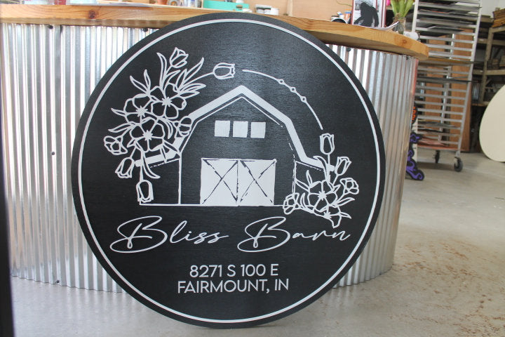 Custom Barn Bliss Venue Business Commerical Signage Laurel Outline Line Art Style Made to Order Small Shop Logo Circle Wooden Handmade