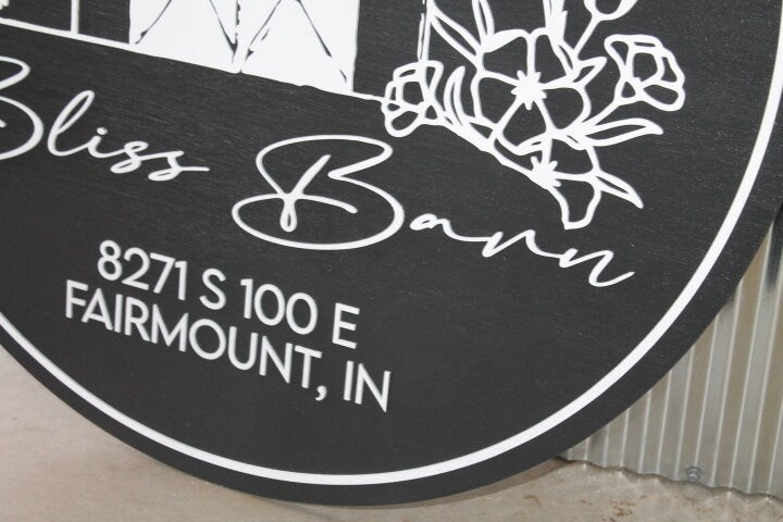 Custom Barn Bliss Venue Business Commerical Signage Laurel Outline Line Art Style Made to Order Small Shop Logo Circle Wooden Handmade