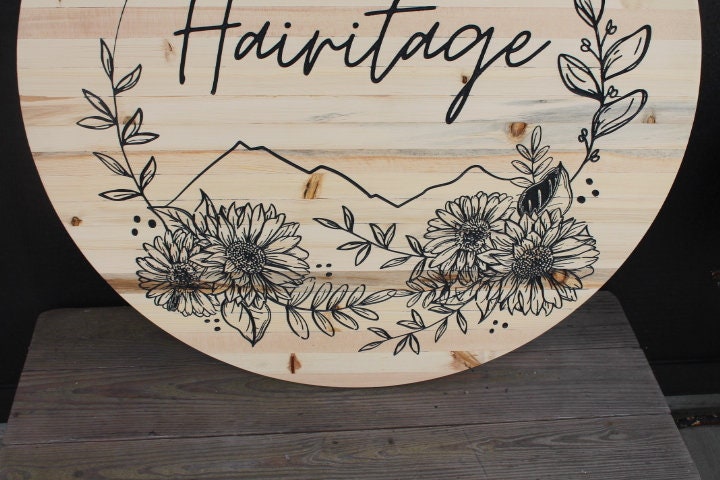 Salon Floral Sunflowers Wood Carved Engraved Color Filled Business Commerical Signage Your Logo Handmade Custom Pine Wood Round Sign