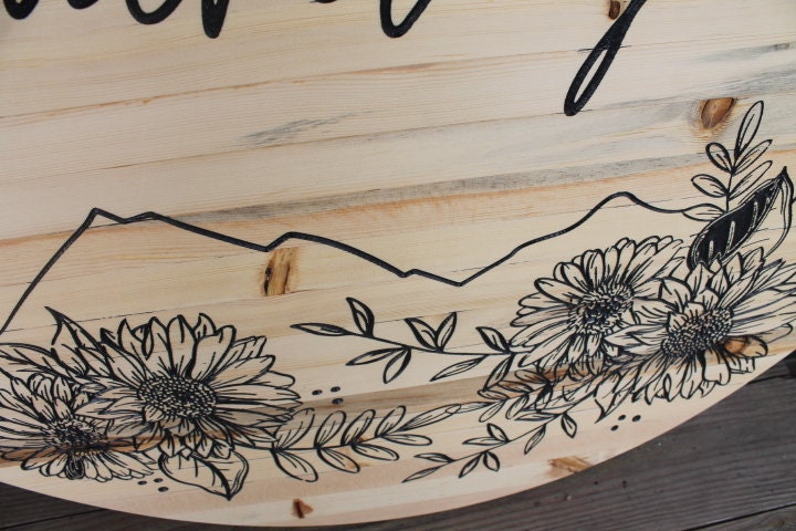 Salon Floral Sunflowers Wood Carved Engraved Color Filled Business Commerical Signage Your Logo Handmade Custom Pine Wood Round Sign