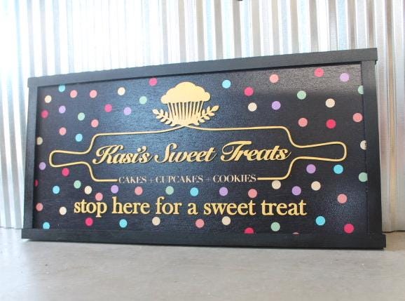 Custom Bakery Business Sign Polka Dots Cupcake Rectangle 3D Large Custom Company Indoor Outdoor Small Business Logo Laser Cut Wood Sign