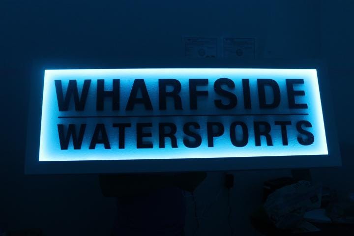 Custom Wooden Rectangle LED Elevated Text Raised Words Oval Light Up Indoor Remote Handmade Logo Watersports Wharf