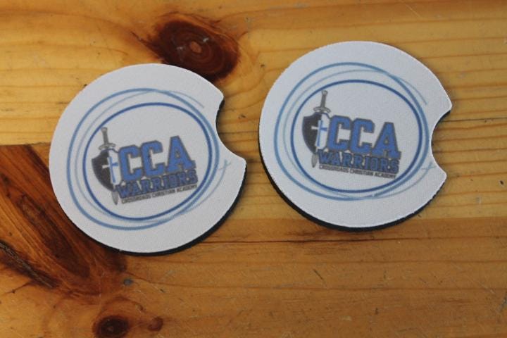 Christian Academy CCA Warriors Local School Logo Gift Set Wholesale bulk Car Coaster Sport Printed Set Bulk Club Clubhouse