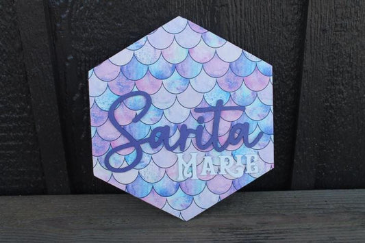 Custom Kids Name Decor Sign Childrens Room Mermaid Personalized Your name Raised 3D Printed Shape Hexagon