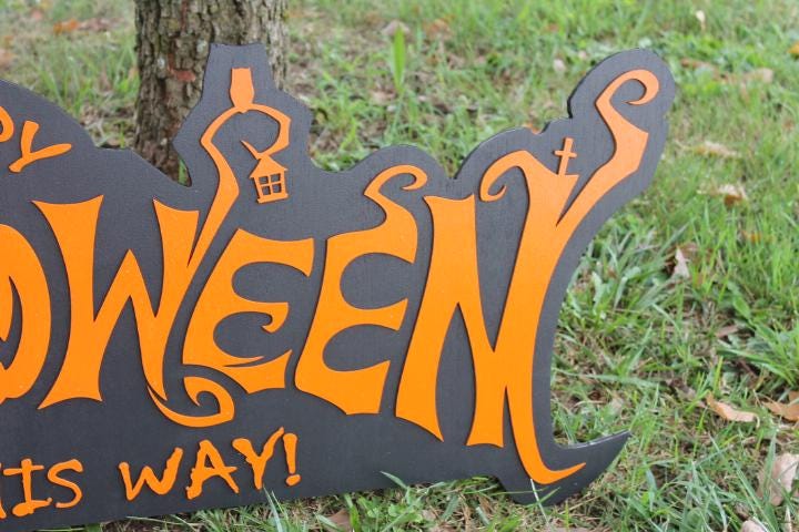 Customizable Text Happy Halloween Jack O Lantern Spooky Forest Black Cat Fright Wooden Decor Fall Autumn Decoration Sign Haunted Grave Yard